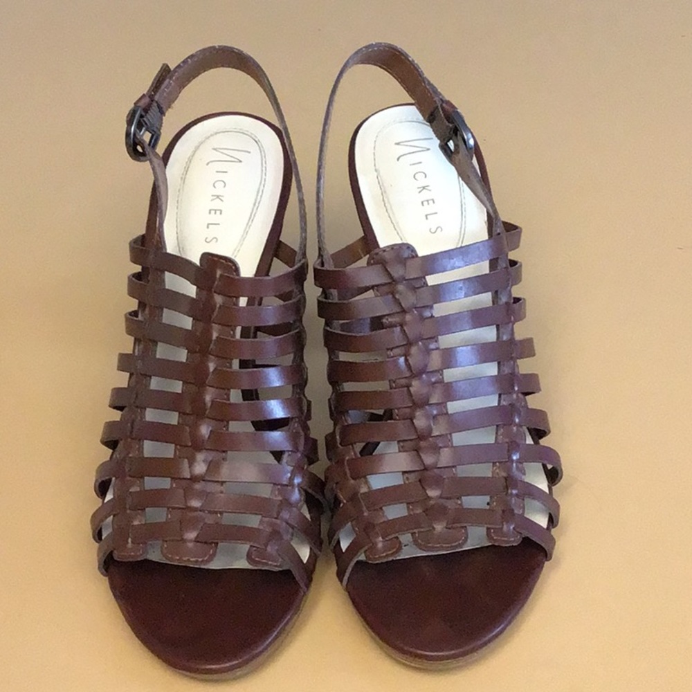 Nickels Brown Leather Sandals with Woven Design